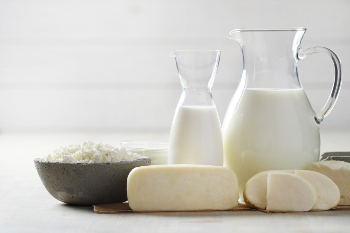 foto bodegón de unos lácteos, jarras de leche y quesos